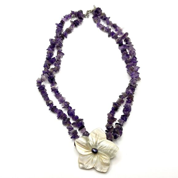Shell Flower Necklace Purple Amethyst Nugget Carved Mother of Pearl Cruise 20" - Picture 3 of 10